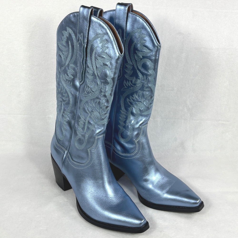Jeffrey Campbell Dagget Metallic Blue Embroidered Western Cowboy Boots Size 10